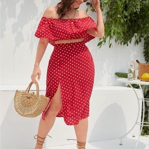 Plus Polka Dot Off Shoulder Top With Slit Skirt